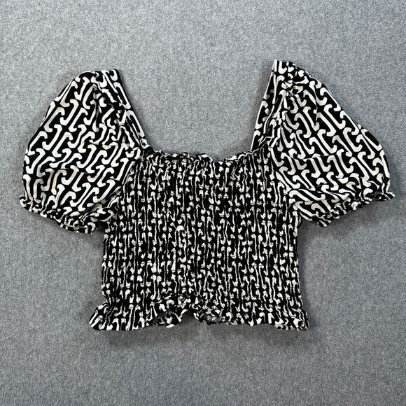 Monteau Los Angeles Puff Sleeve Smocked Crop Top Linen Blend Size XL Black/White - Picture 8 of 8